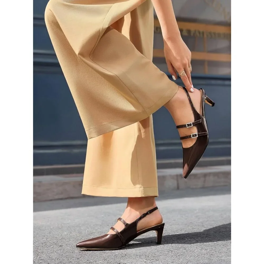 Women's Slingbak Ktiten Pumpe Closed  Pointed Toe Heels Wedding Dress Shoe Brown